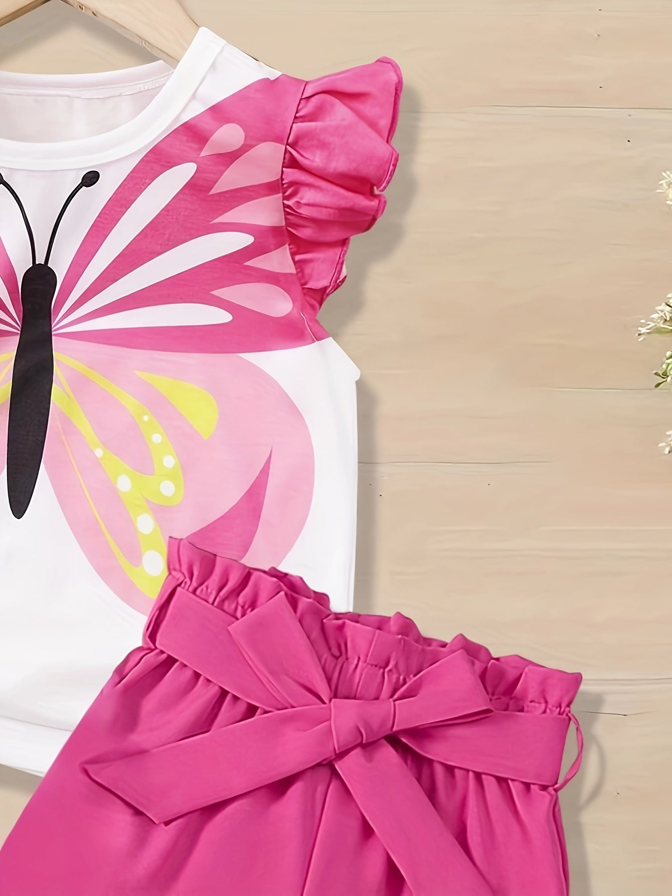 🦋 Butterfly Pattern 2-Piece Girls' Ruffle Tee & Straight Pants Set – Cute Spring/Summer Outfit 🌸