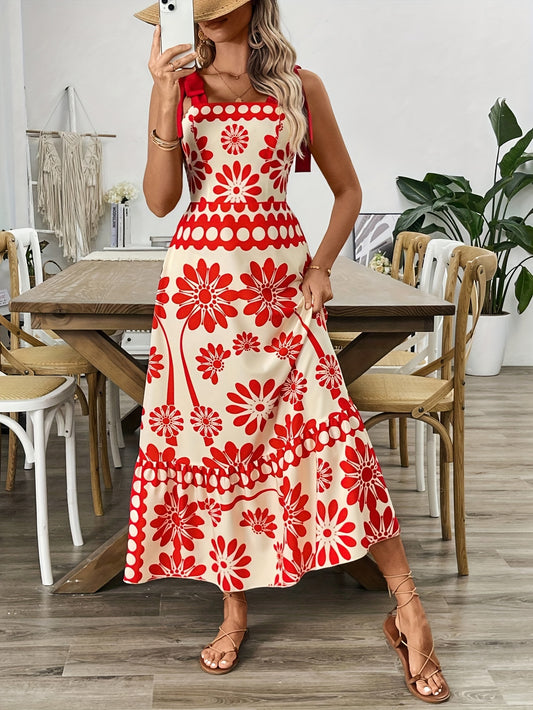 🌼 Ethnic Print Tie Shoulder A-Line Maxi Dress