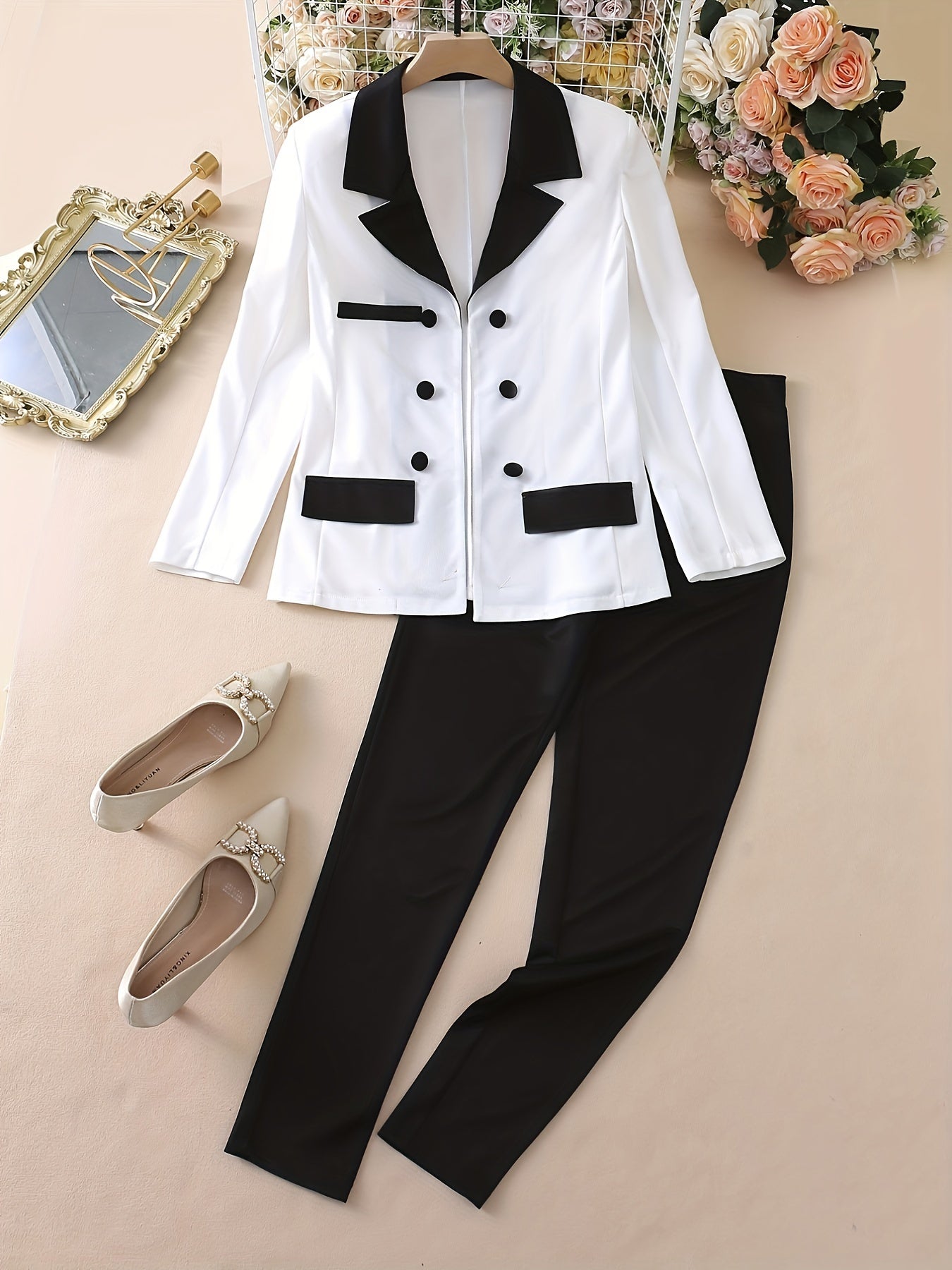 Color Block Two-Piece Set - Casual Button Front Blazer & Straight Leg Pants