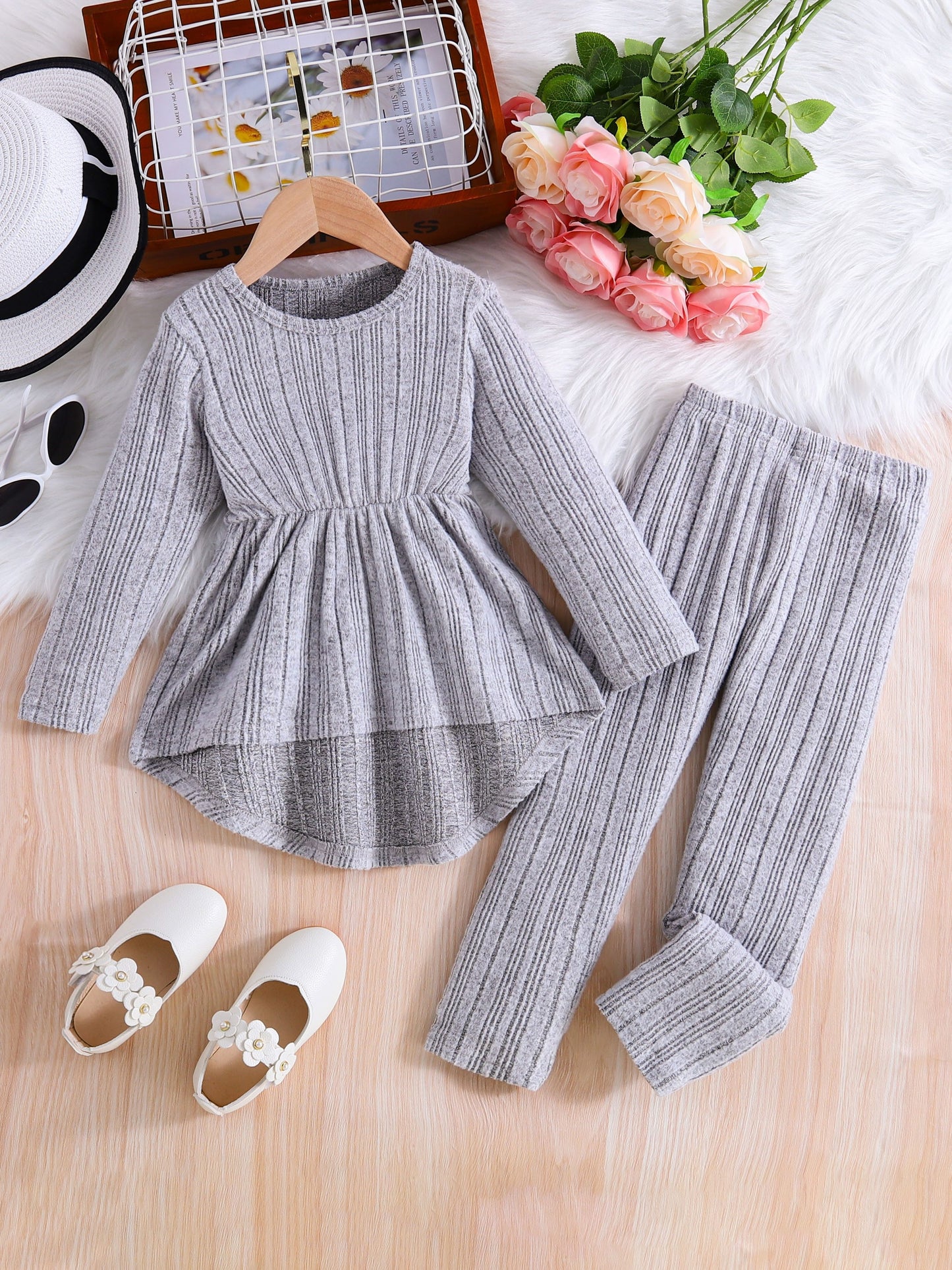 👕 2PCS Ribbed Knit Outfits - Long Sleeve Top + Jogger Pants Set for Kids