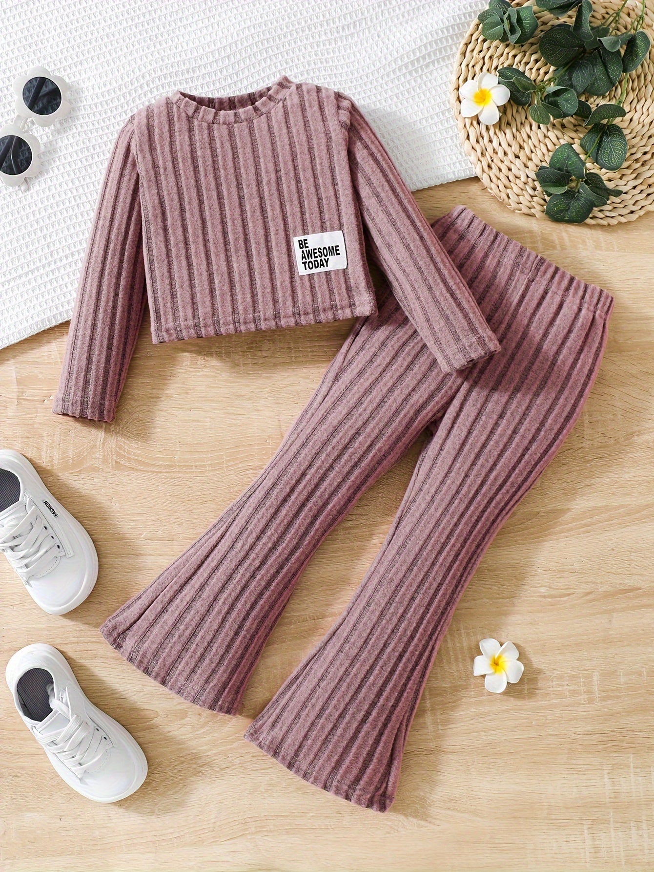 🌸 Toddler Girls 2-Piece Ribbed Outfit Set - Crew Neck Long Sleeve Pullover + Flare Pants