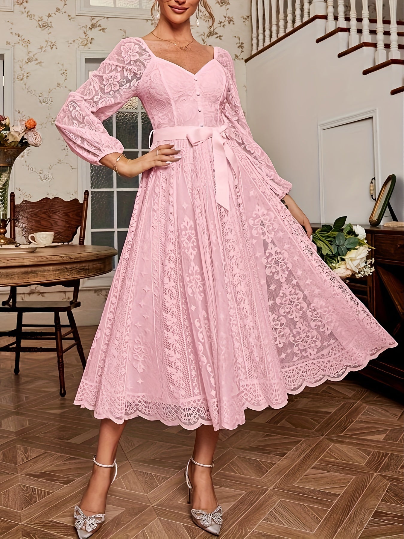 Guipure Lace Belted Sweetheart Dress