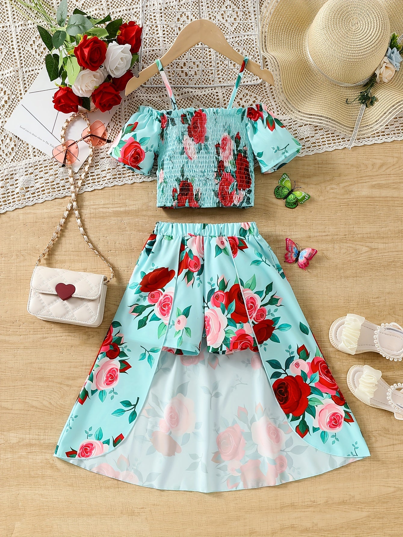 🌸 Girl's Romantic Floral Smocked Top + High-Low Shorts Set 🌺