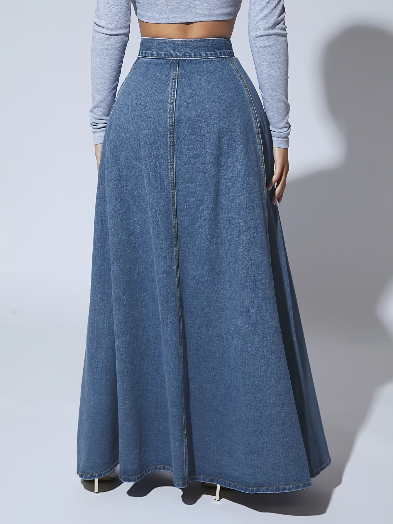 Retro High-Rise Washed Blue Denim Maxi Skirt