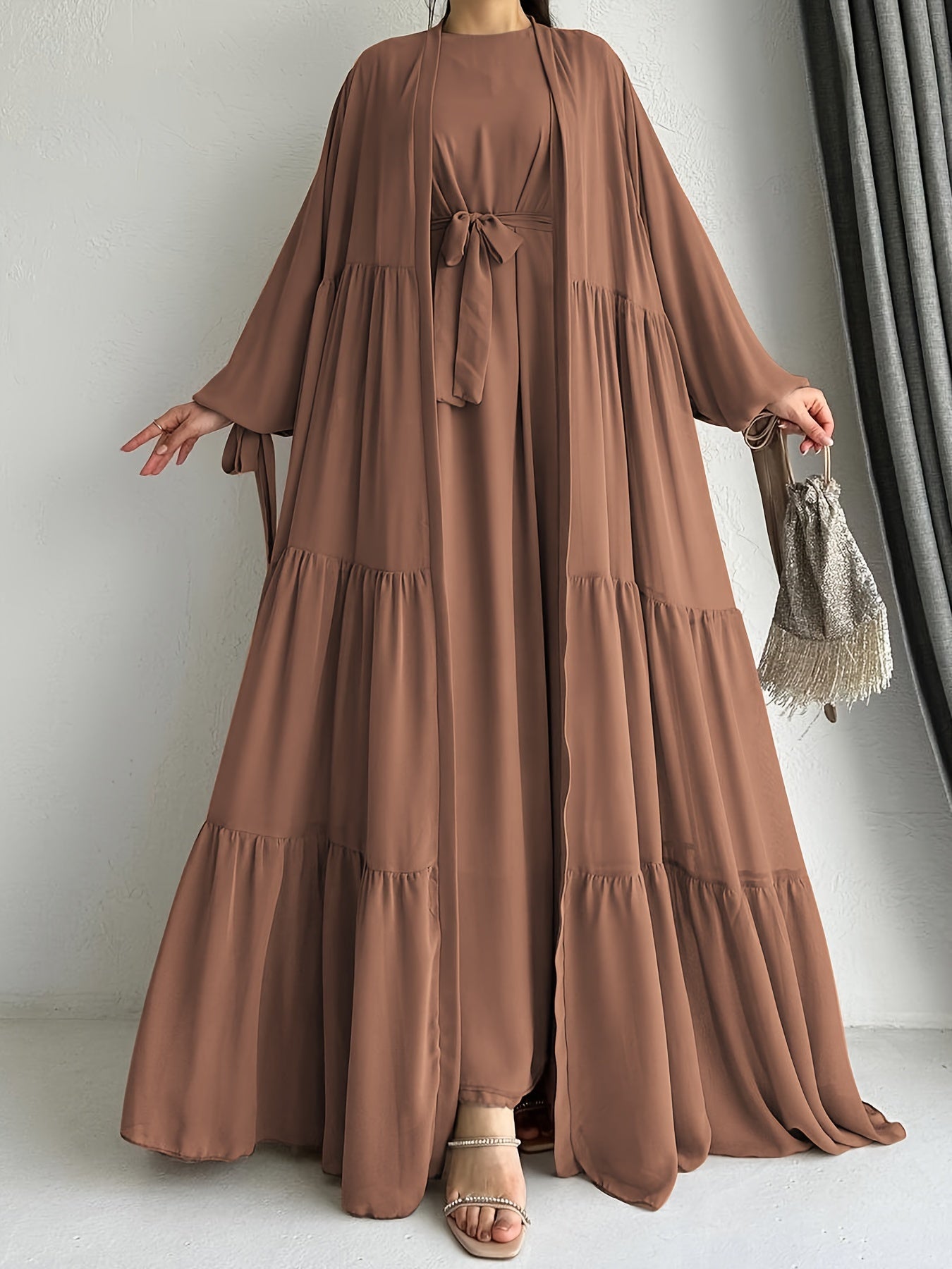 Crew Neck Long Sleeve Abayas Dress - Elegant Ruffle Hem Maxi with Long Sleeve Cardigan