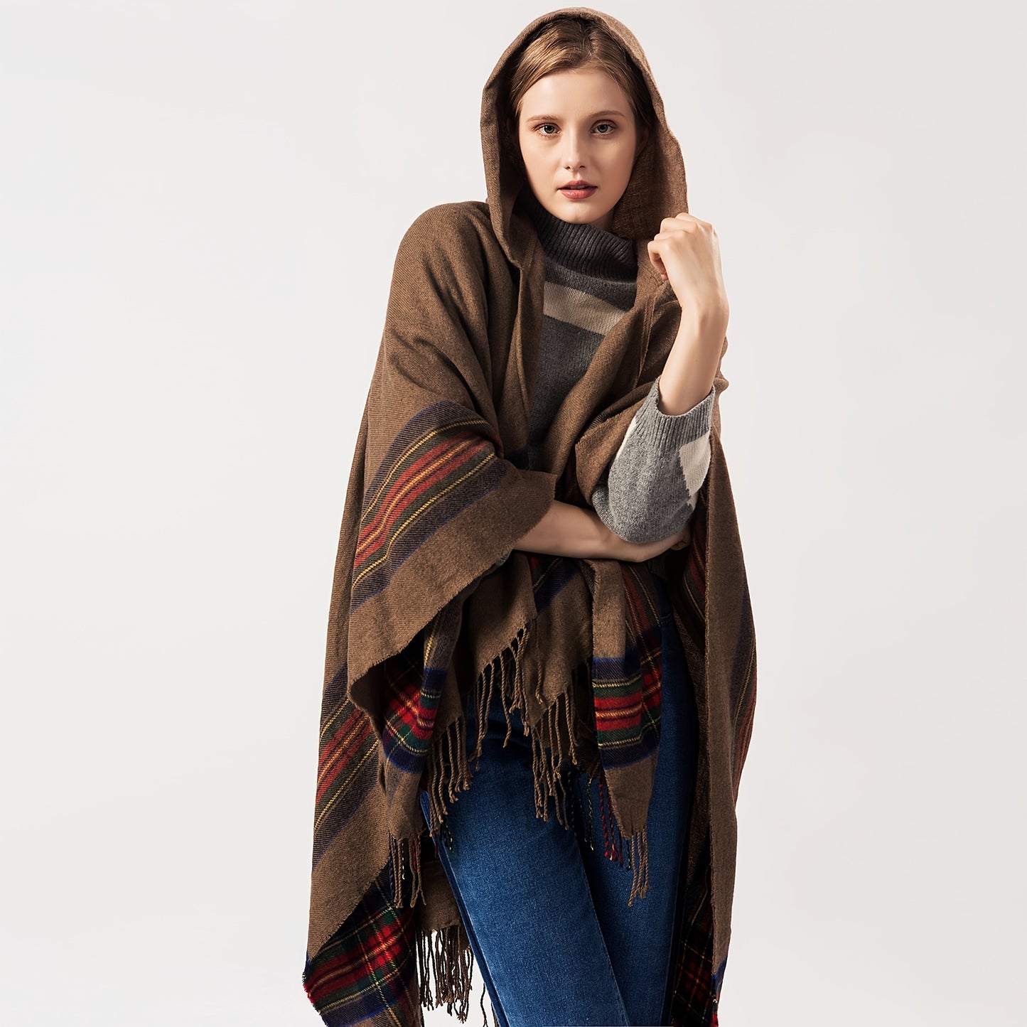 Oversized Scottish Striped Hooded Shawl Cloak 🧣🍂