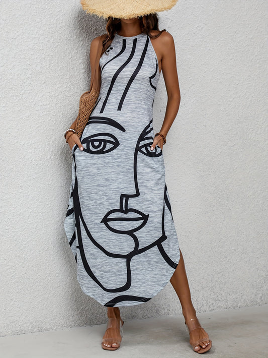 Figure Print Halter Neck Dress