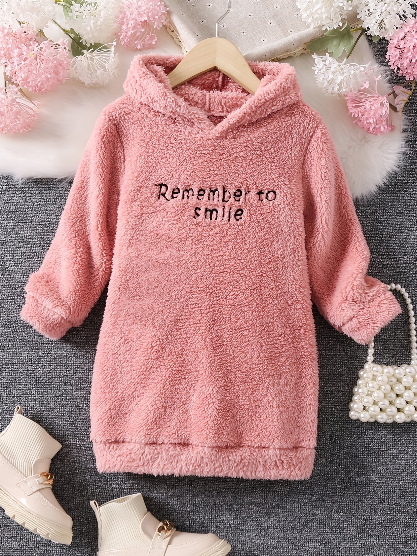 👗 Girls' Reversible Fleece Hooded Long Sleeve Dress with Letter Embroidery 👗