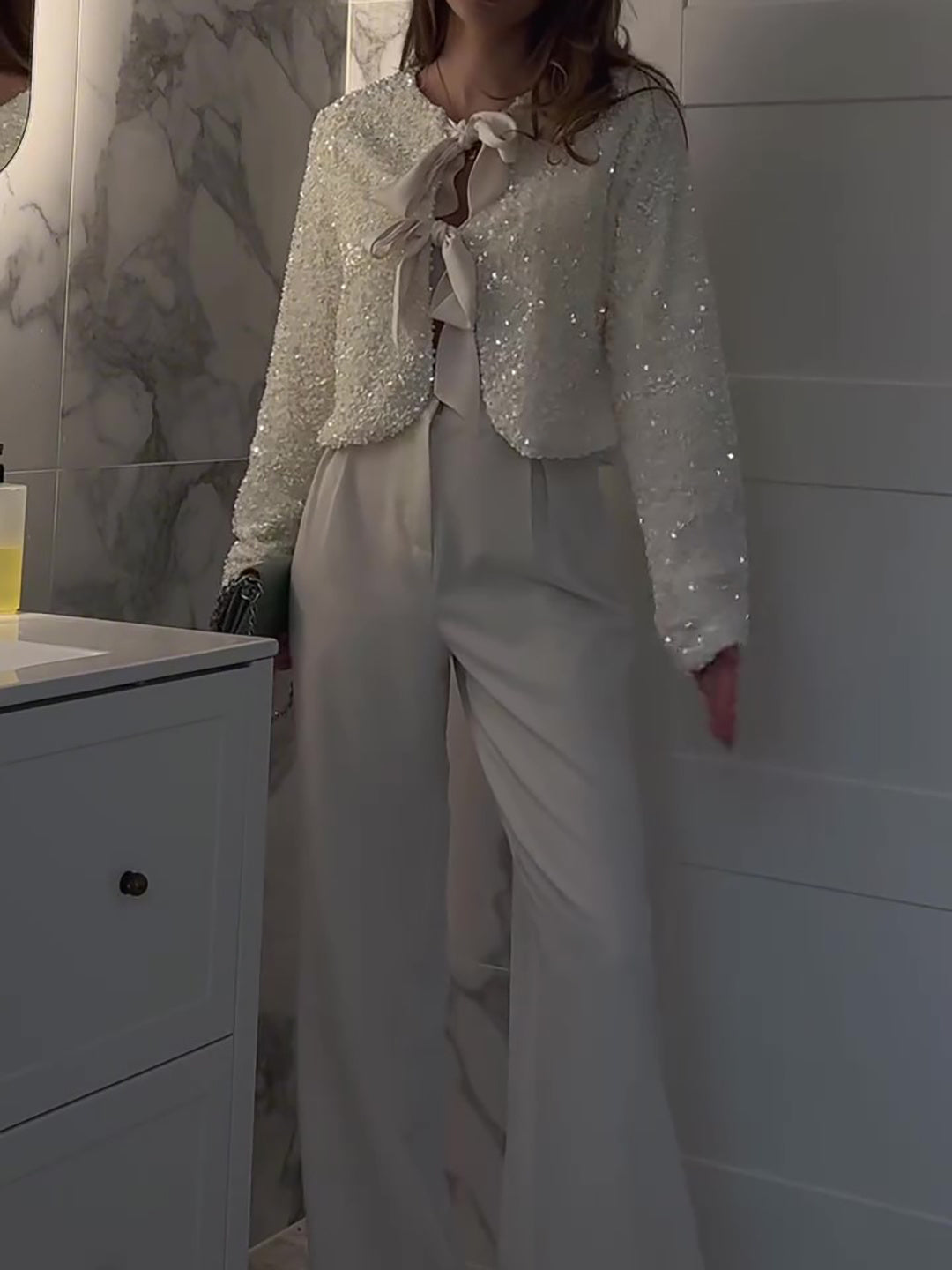 Bow White Sequined Cardigan