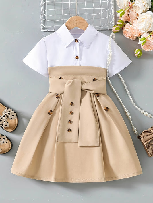 🌸 Girls' Elegant Patchwork Short Sleeve Shirt Dress – Casual Summer & Holiday Outfit 🌟