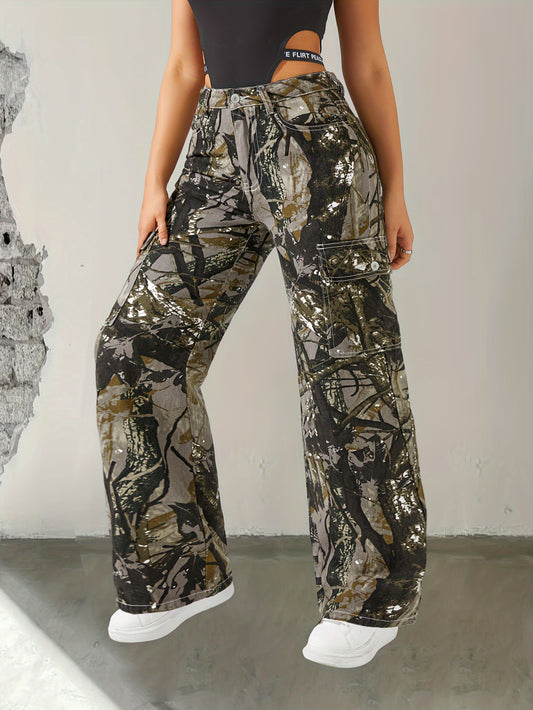 🌿 Chic Camouflage Cargo Pants with Branch Pattern