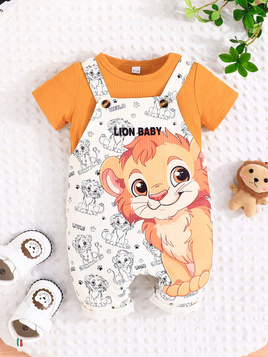 🦁 Baby's Cartoon Lion Print 2-Piece Summer Outfit – T-Shirt & Jumpsuit Set 👶