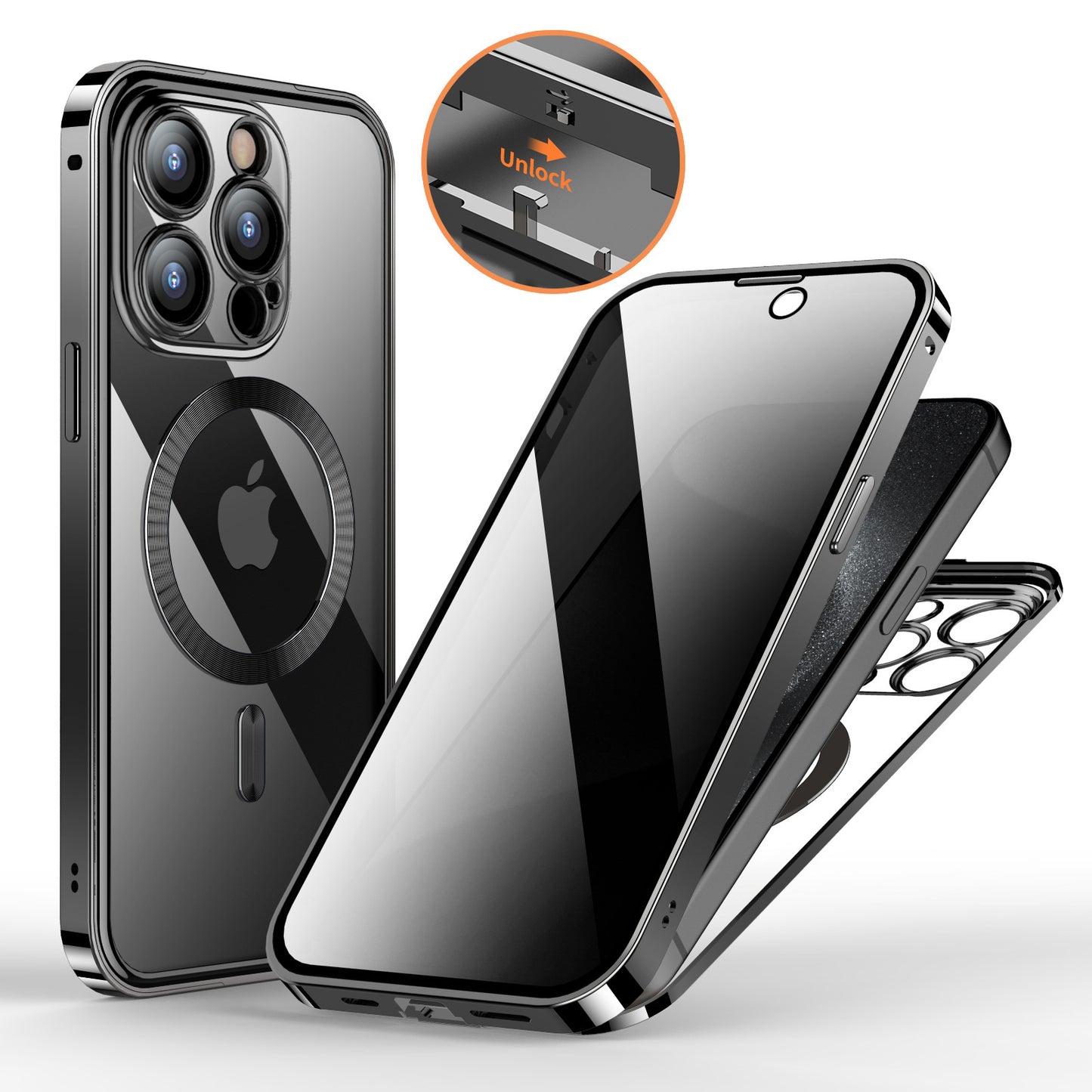 Secure Shield Magnetic Metal Buckle Phone Case: Double-Sided Lens Protection with Wireless Charging Support