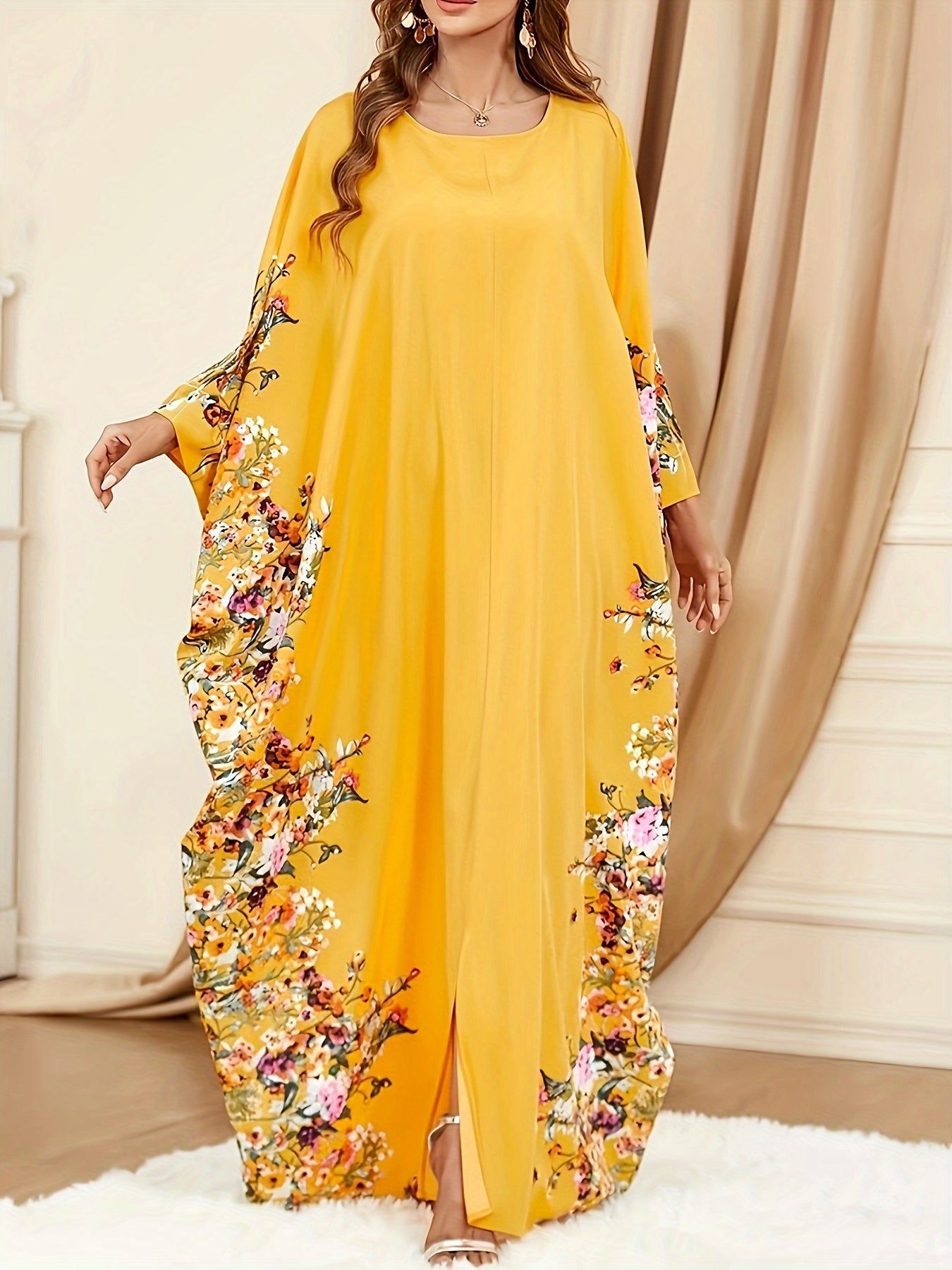 Floral Print Crew Neck Kaftan Abaya - Elegant Batwing Sleeve Split Maxi Dress