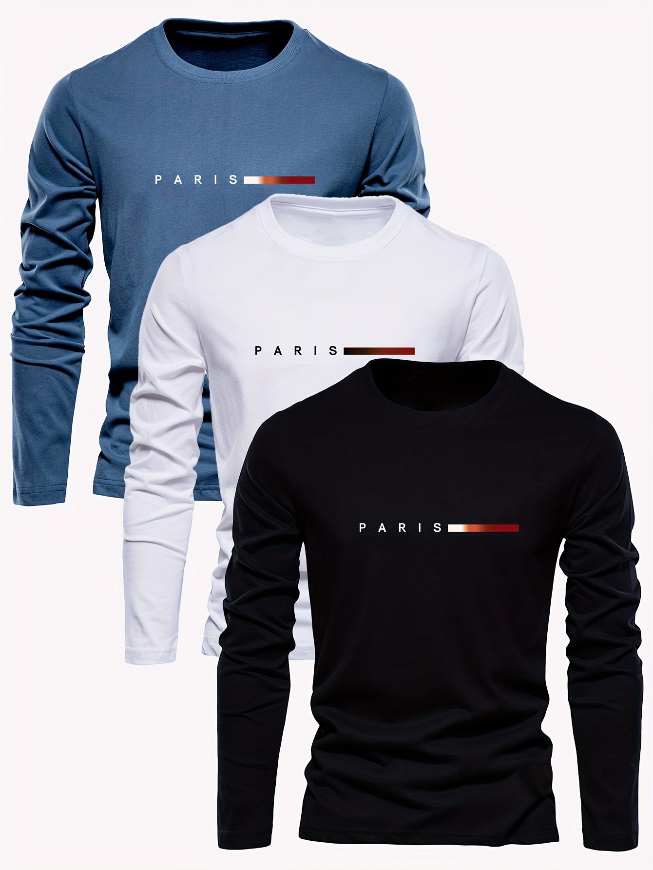 🇫🇷 Men's 3-Pack Long Sleeve T-Shirts with Paris Applique