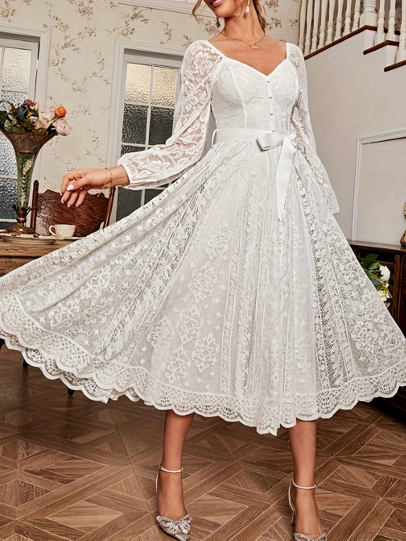 Guipure Lace Belted Sweetheart Dress