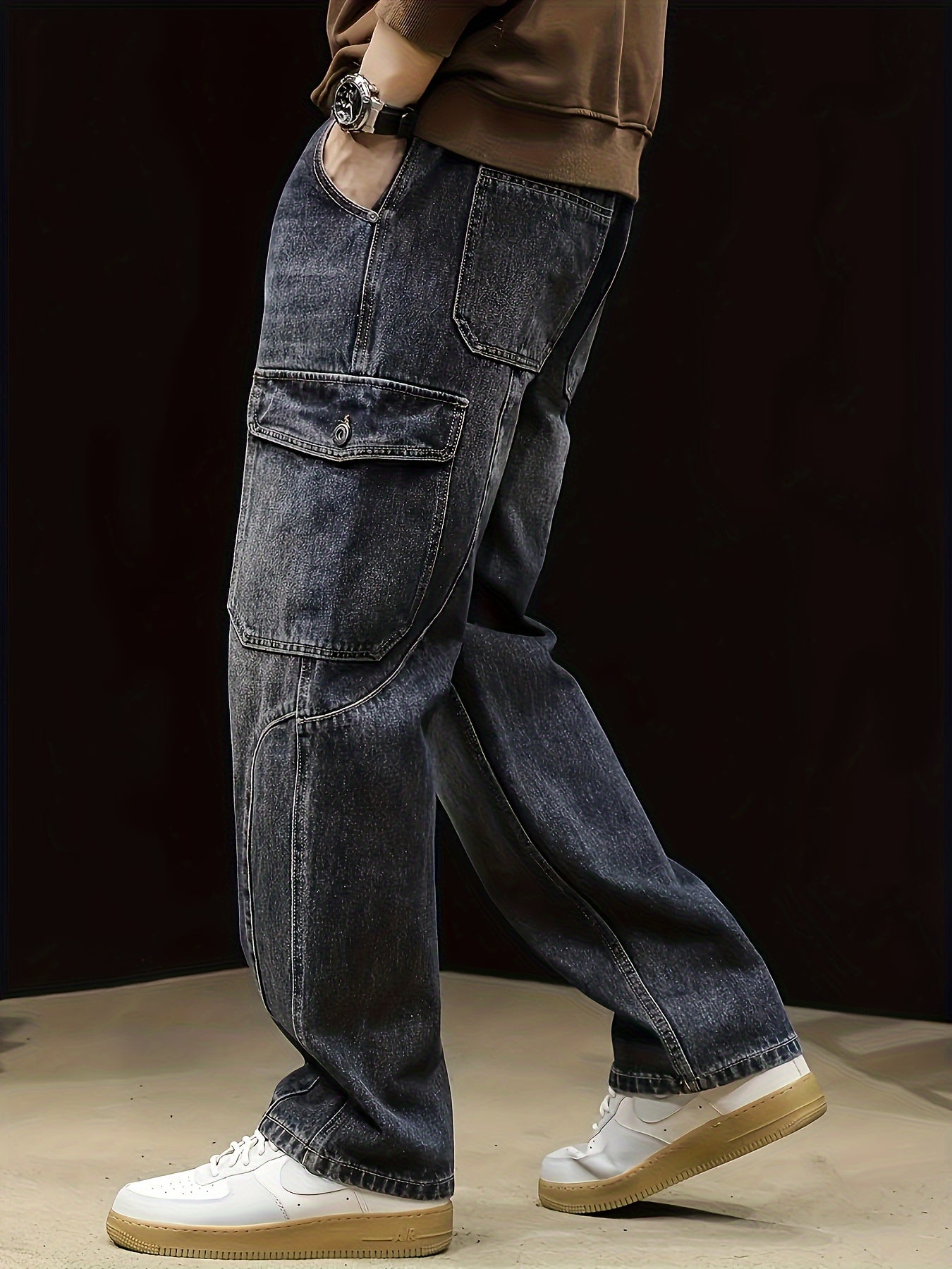 🌟 Men's Loose Solid Denim Barrel Pants With Multi Pockets 🌟