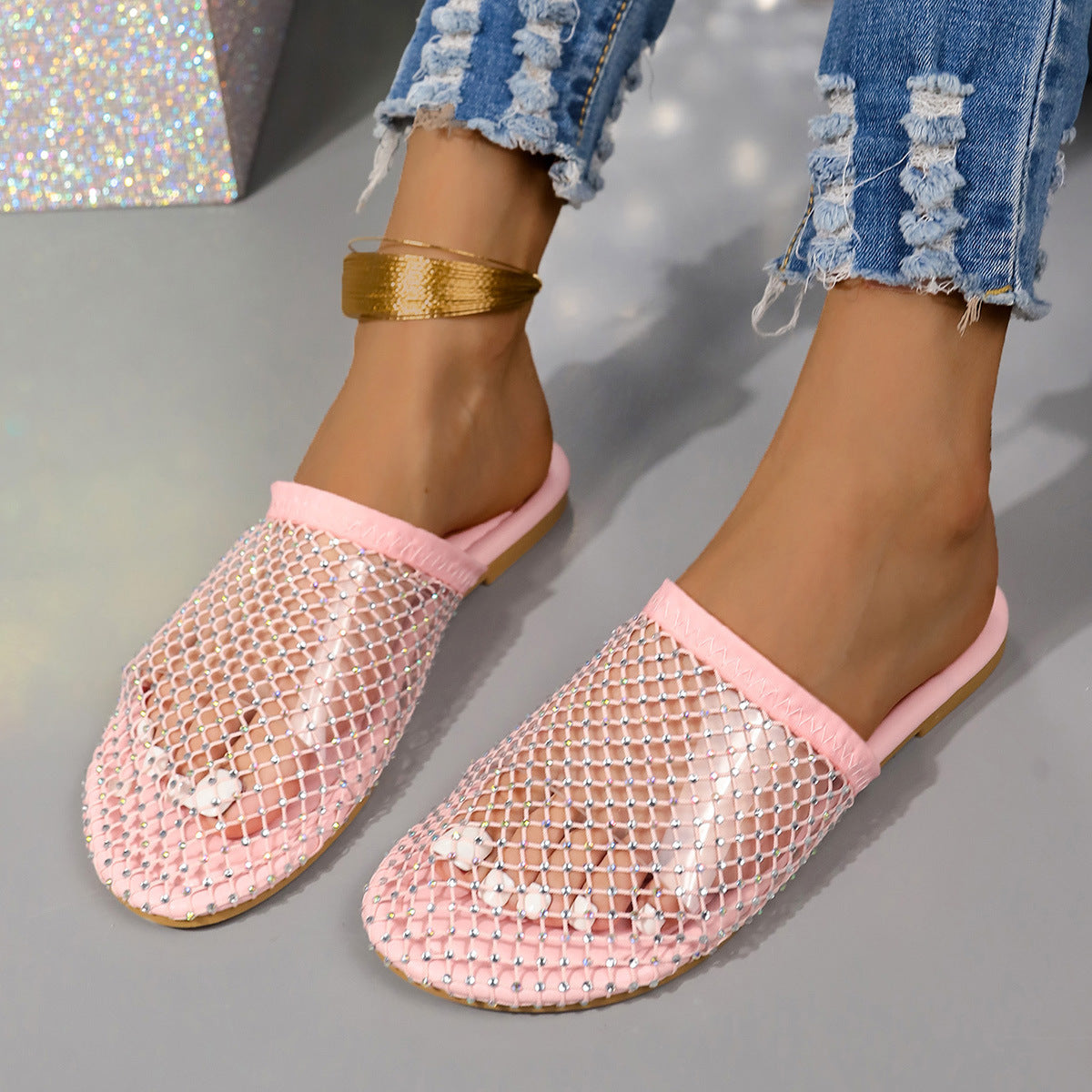 Hollow-toe Transparent Hollow Sandals With Rhinestones Summer Fashion Outdoor Slippers Flat Shoes For Women