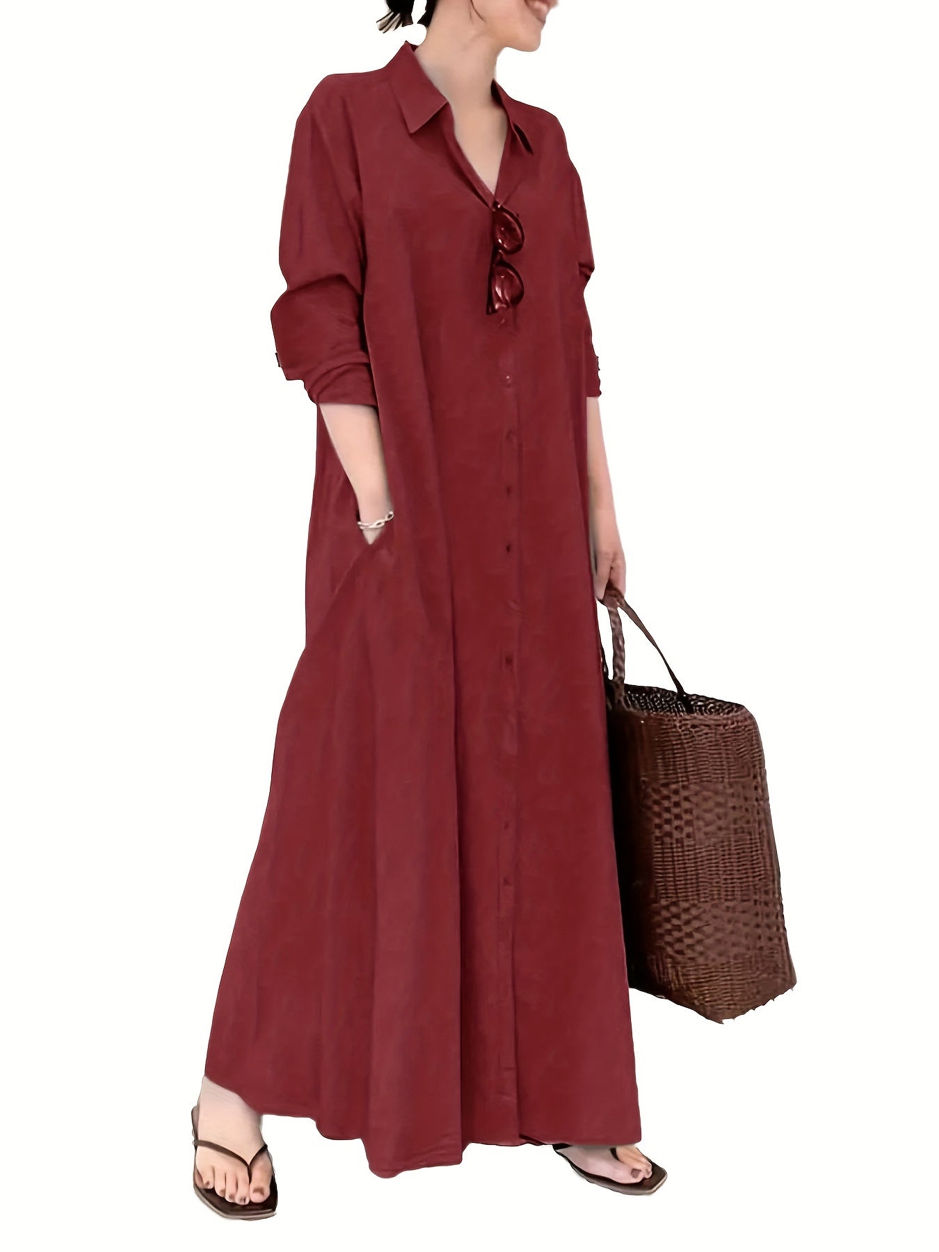 Elegant Solid Color Single-Breasted Maxi Dress