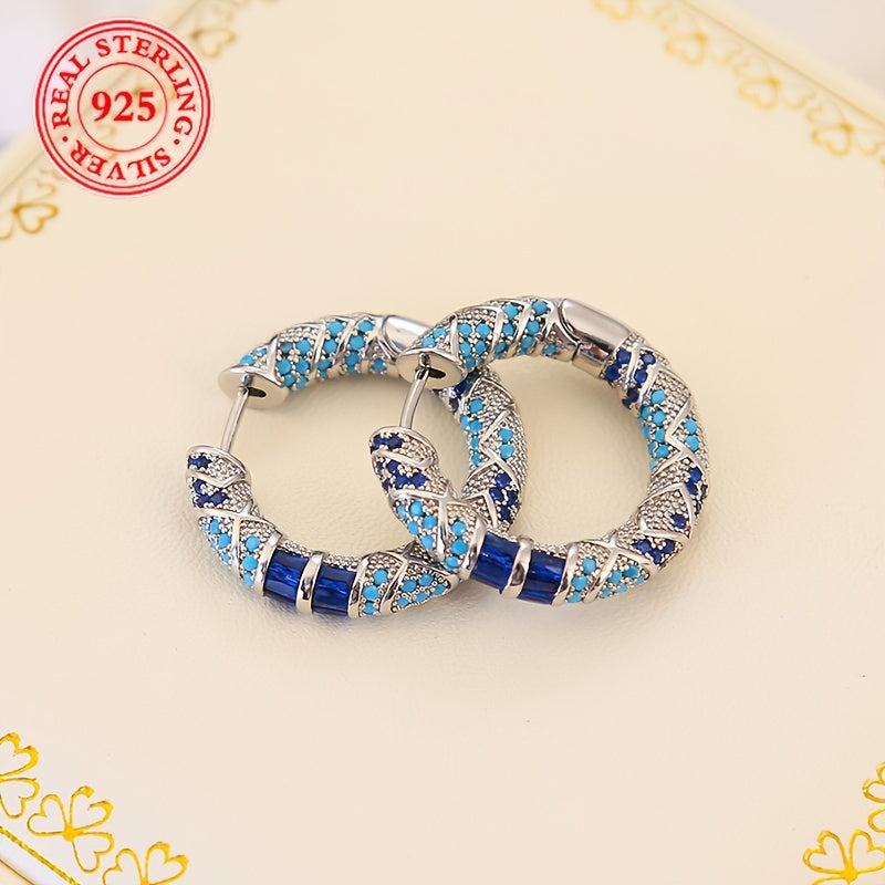 🌙 Tribal Silver Hoops – Blue Zirconia Elegance Collection 💎