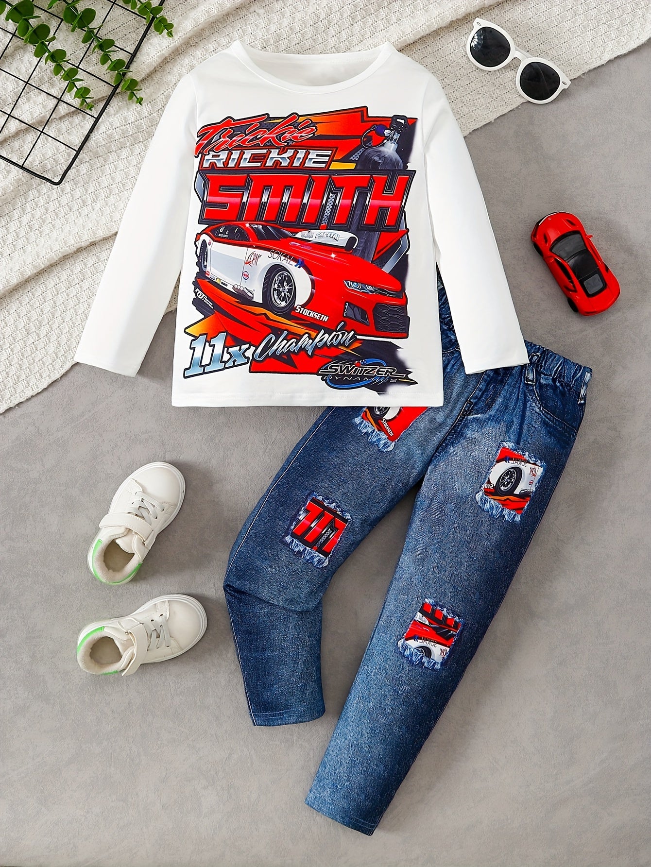 🏁 Boys' Long-Sleeved Racing Pattern Shirt & Imitation Denim Pants Set