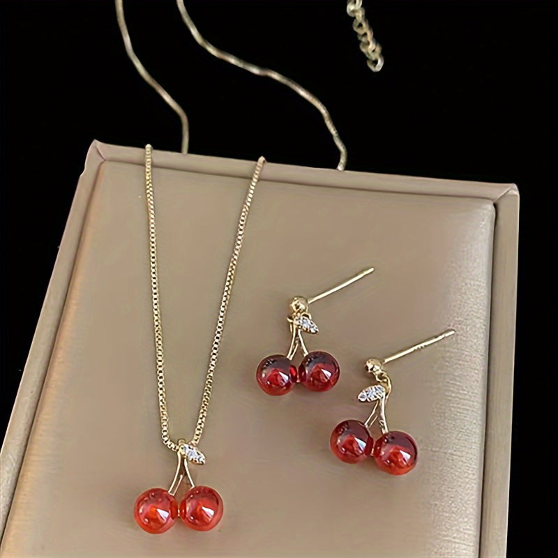 Chic Cherry Pendant Jewelry Set – 3-Piece Valentine’s Day Delight 🍒💖