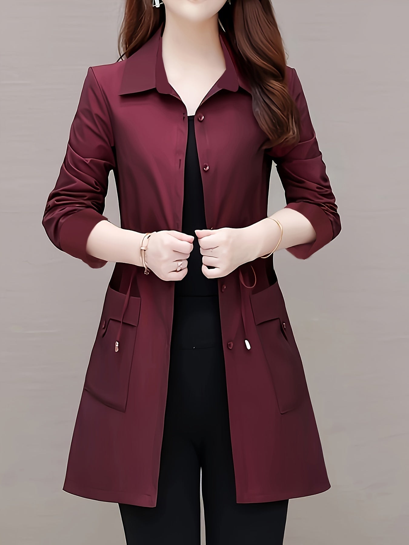 Elegant Solid Button-Front Shirt with Drawstring Tie Waist