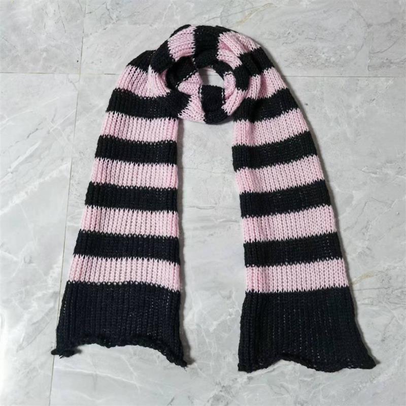 Yabi Style Culture Punk Y2g Black And Red Striped Scarf Extra Long Thermal Knitting Wool