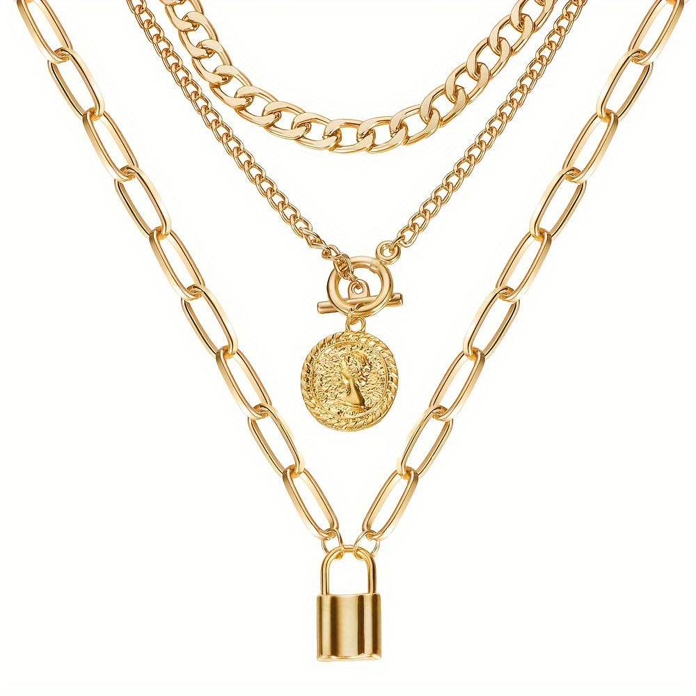 Golden Exaggerated Portrait Lock Pendant Necklace 👑✨