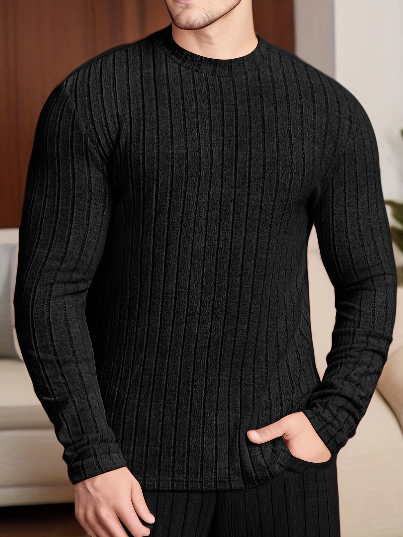 👕 Men's Solid Ribbed Crew Neck Long Sleeve Active T-Shirt 🌿