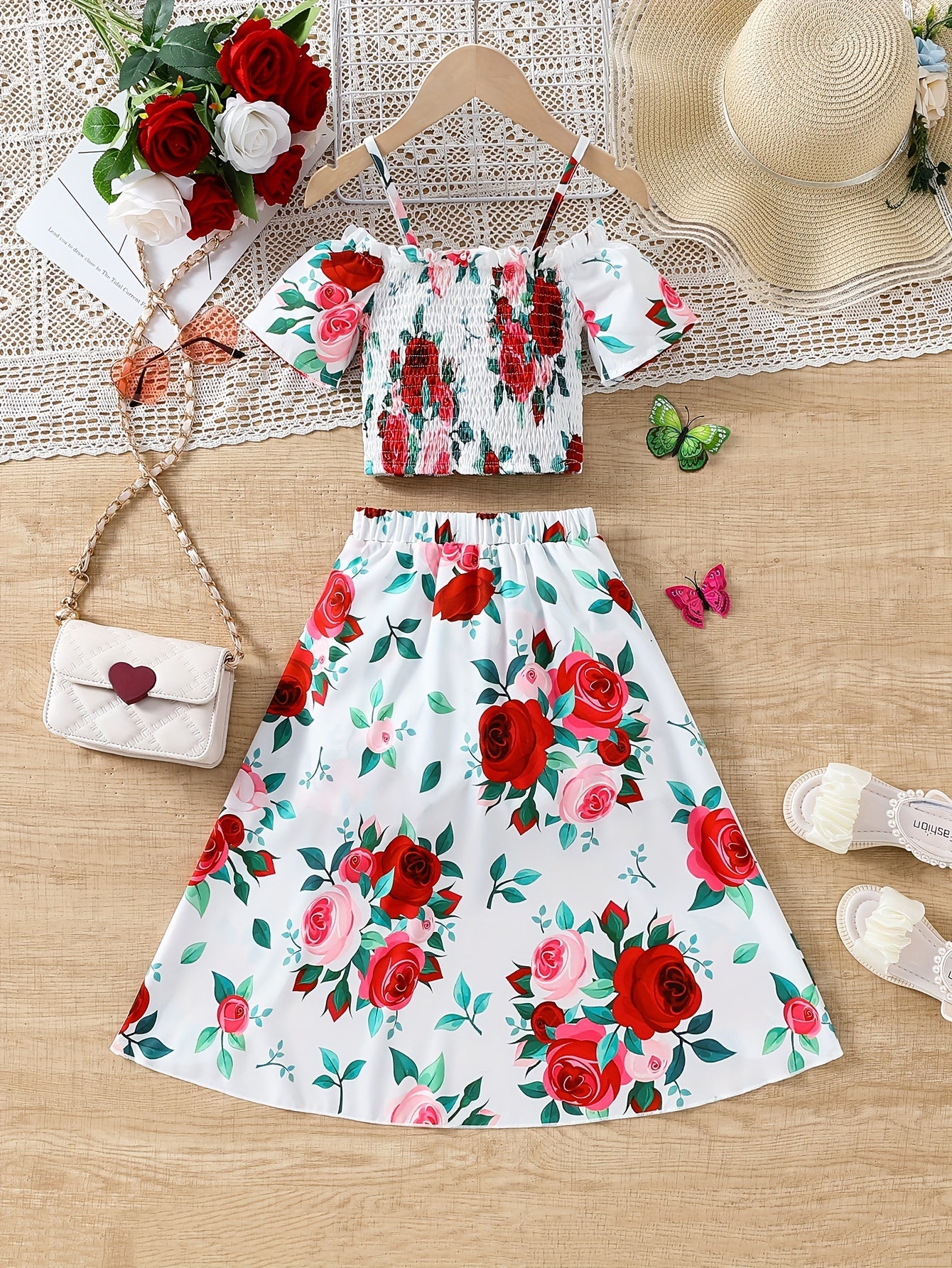 🌸 Girl's Romantic Floral Smocked Top + High-Low Shorts Set 🌺