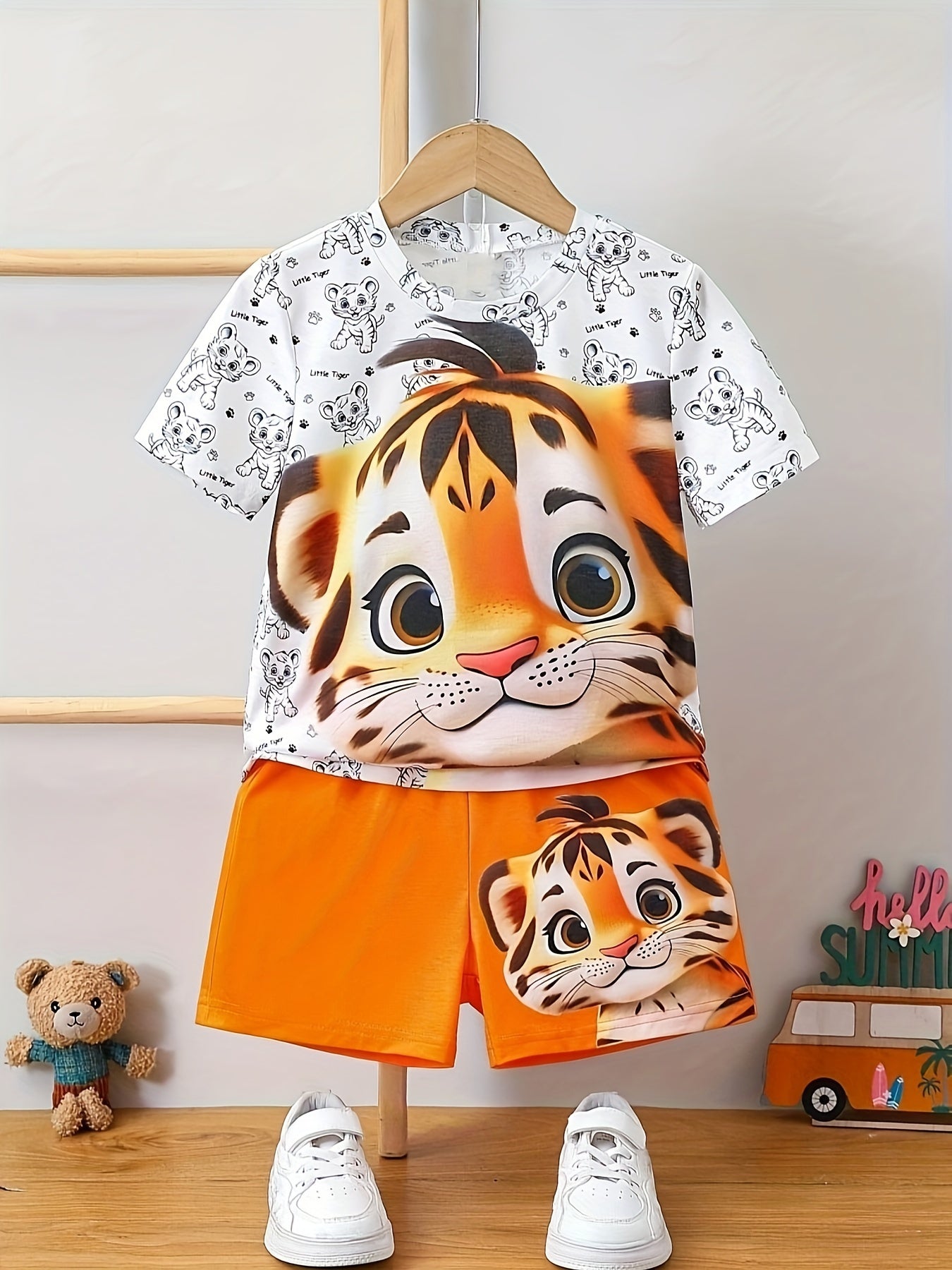 🐯 2-Piece Boys' Tiger Print Casual Outfit Set – Comfy Short Sleeve Tee & Shorts 🌟