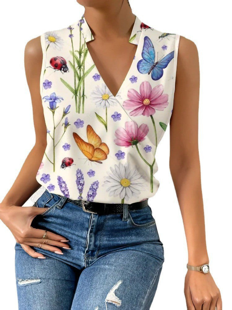 Women's Casual V-neck Pullover Digital Printing Top T-shirt Vest