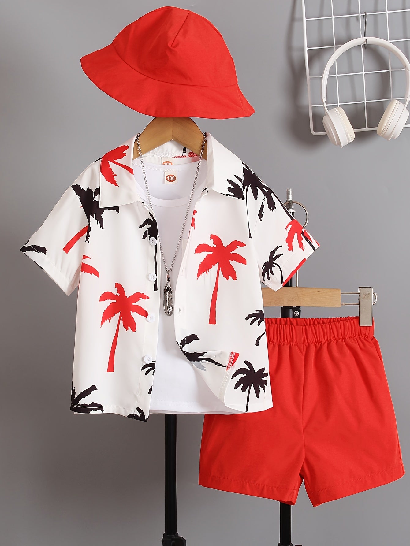 🌴 Boys' 3-Piece Coconut Tree Graphic Print Set – Shirt, Shorts & Hat for a Cool Summer Look 👕