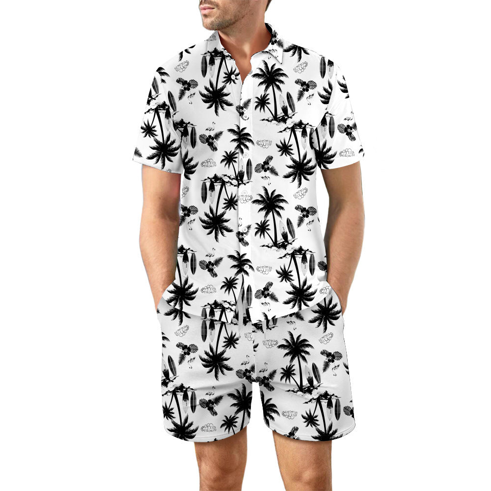 Surf Style Printed Beach Shirt Summer Suit: Loose Button Top and Drawstring Shorts Set