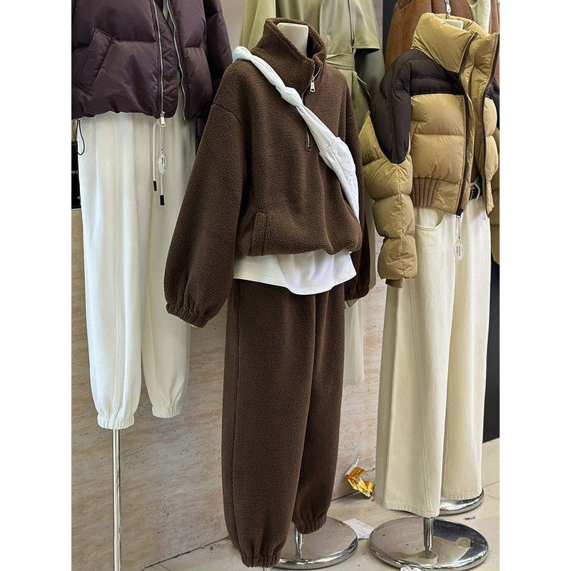 Casual Sports Style Brown Color Thick Lamb Wool Sweatshirt Pants Suit