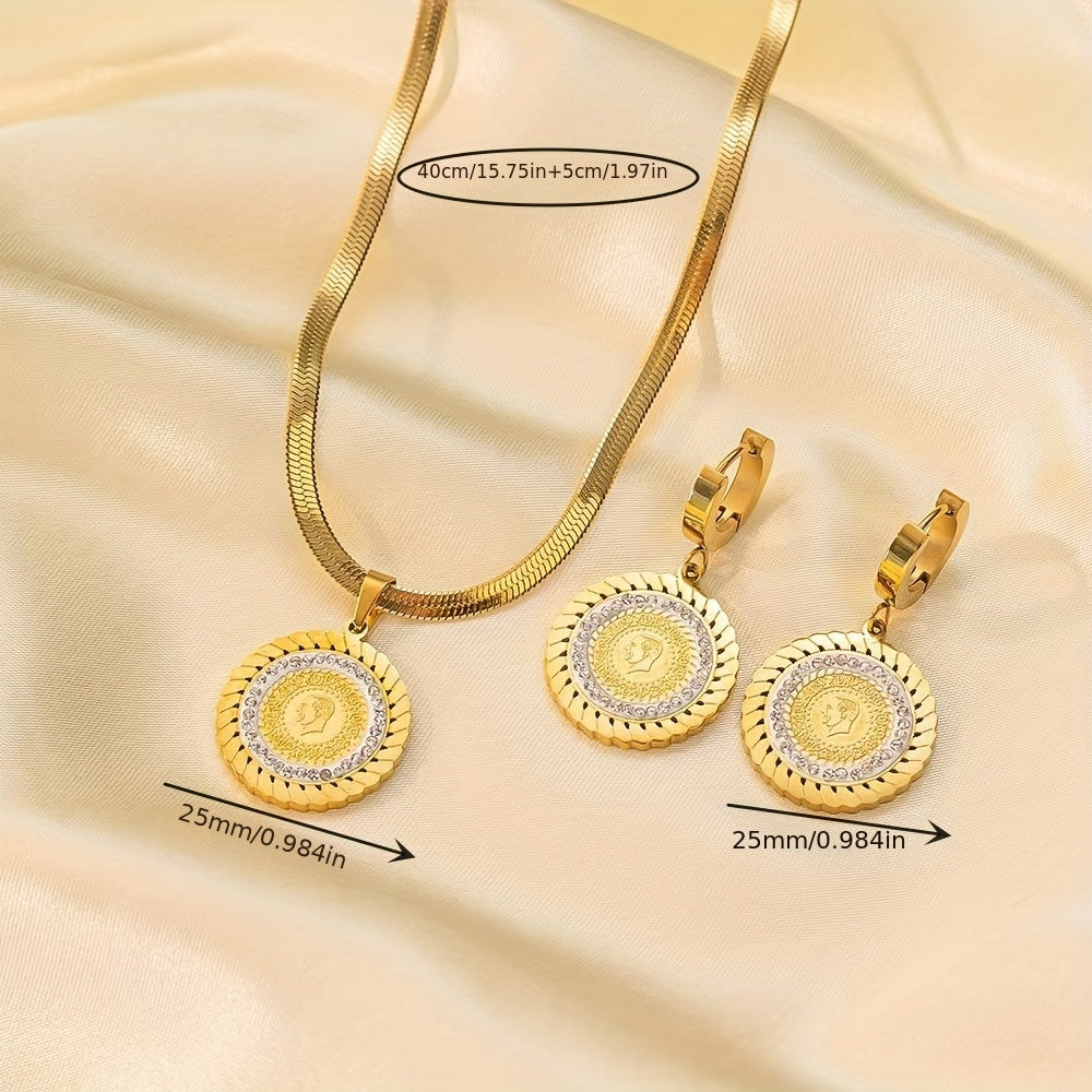 Golden Cubic Zirconia Round Portrait Necklace & Stud Earrings Set 👑✨