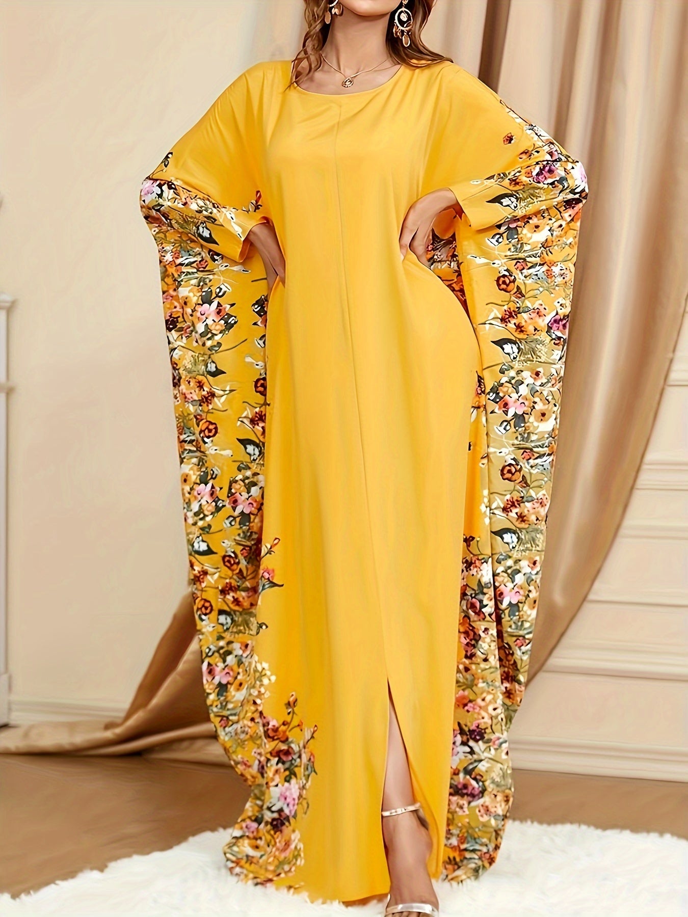 Floral Print Crew Neck Kaftan Abaya - Elegant Batwing Sleeve Split Maxi Dress