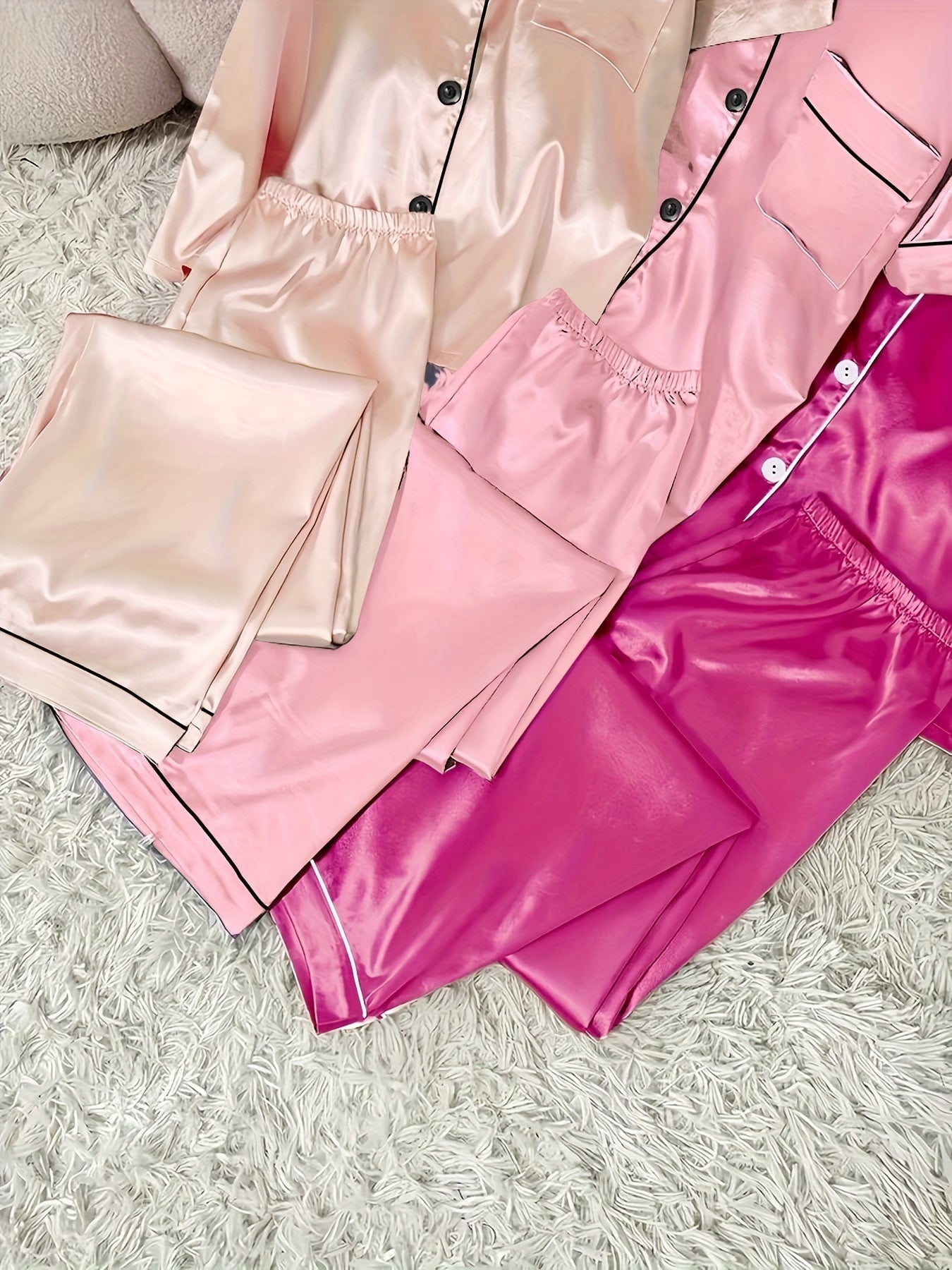 3 Sets Women's Solid Satin Casual Pajama Set ✨