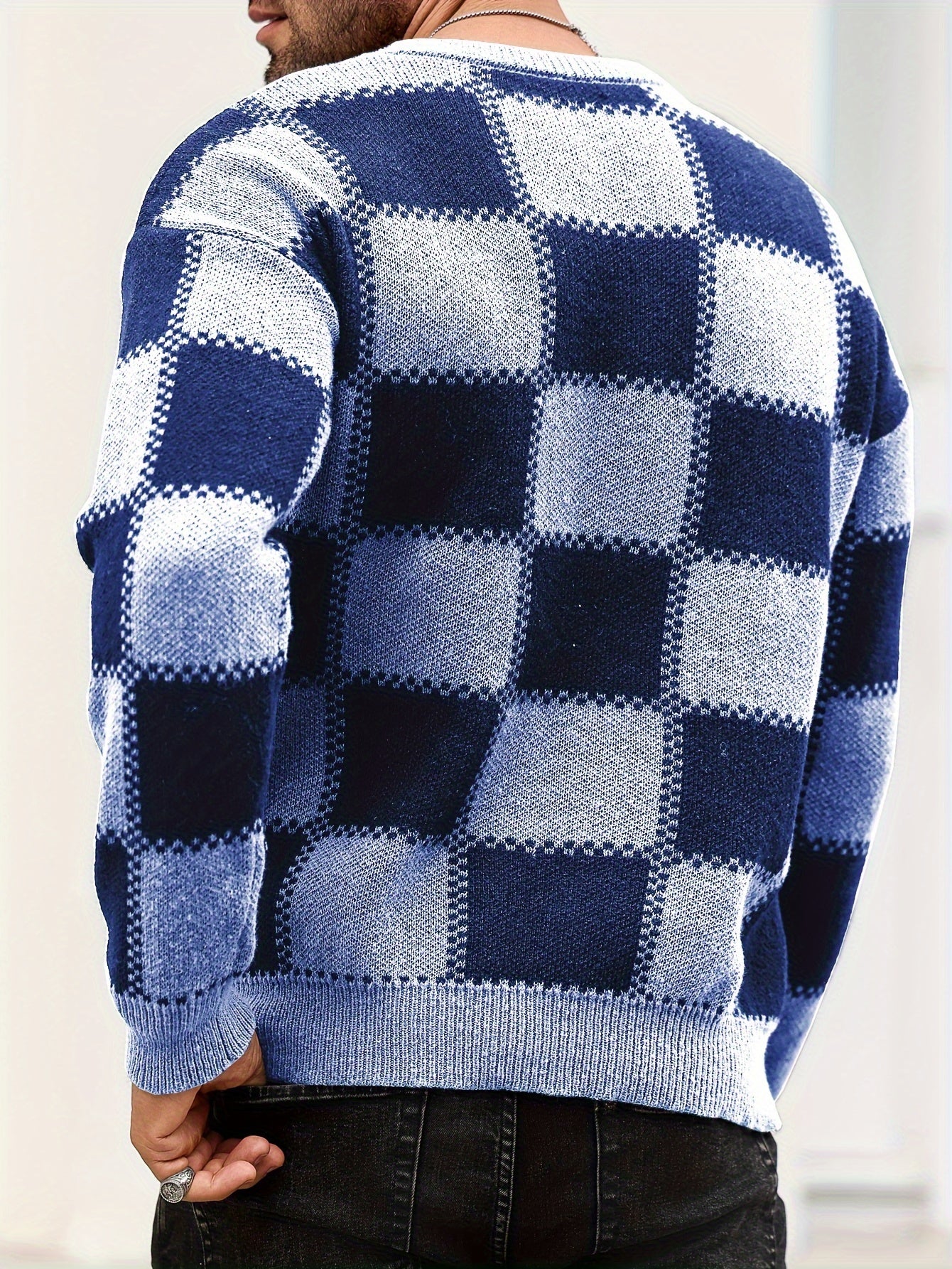 🎉 Men's Color Blocking Textured Checked Print Casual Trendy Sweater 🎉