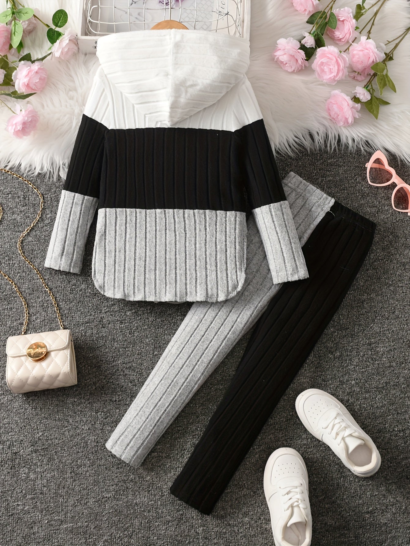 Girls' Contrast Color Ribbed Hoodie & Slim Pants Set ❄️✨