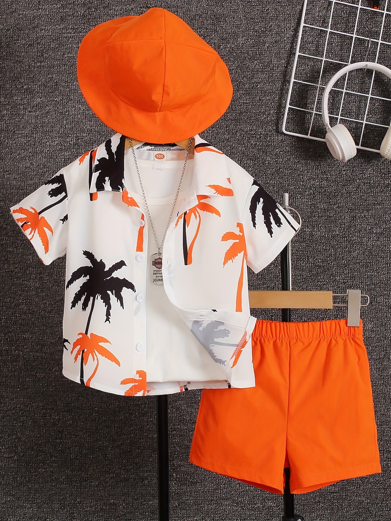 🌴 Boys' 3-Piece Coconut Tree Graphic Print Set – Shirt, Shorts & Hat for a Cool Summer Look 👕