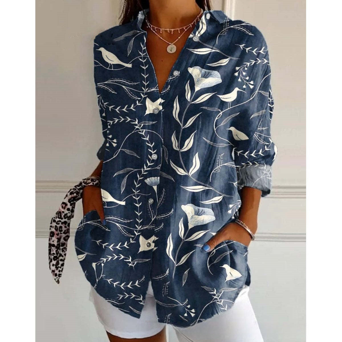 3D Color Matching Printing Pattern Autumn Leisure Loose Shirt Button Top