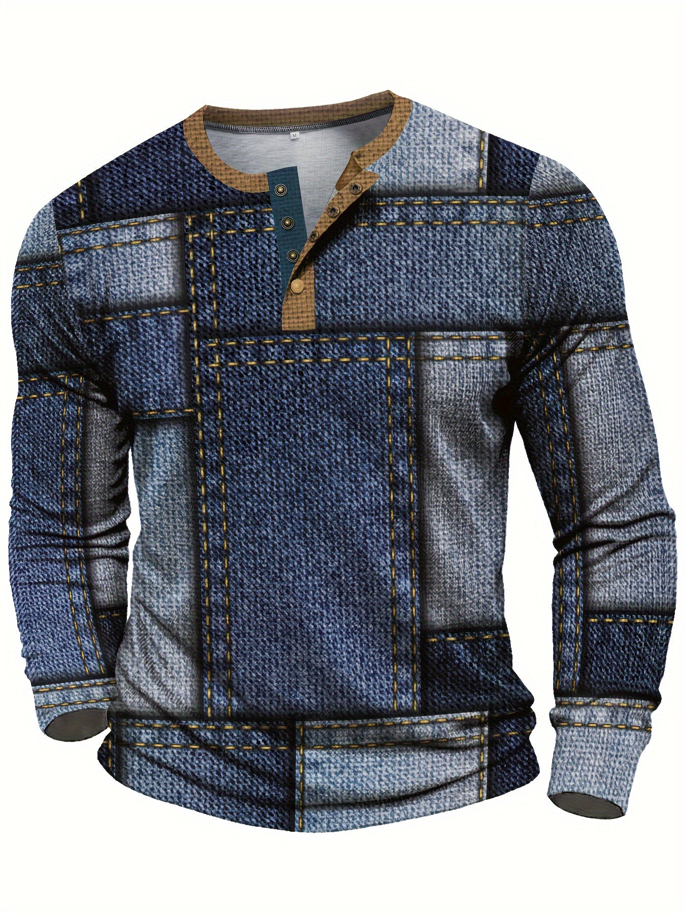 Vintage 3D Denim Graphic Henley Shirt