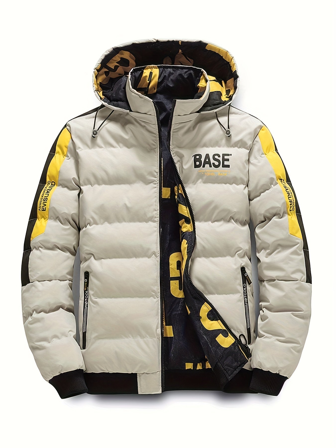 🧥 Men's Casual Base Graphic Print Reversible Padded Coat - Chic Warm Hooded Jacket for Fall & Winter