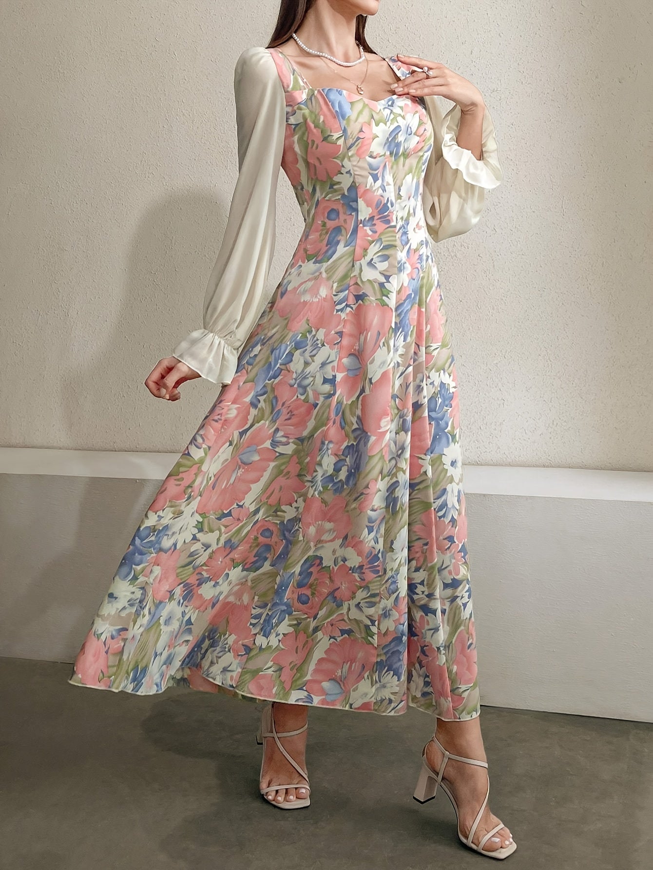 Floral Sweetheart Mesh Stitching Maxi Dress