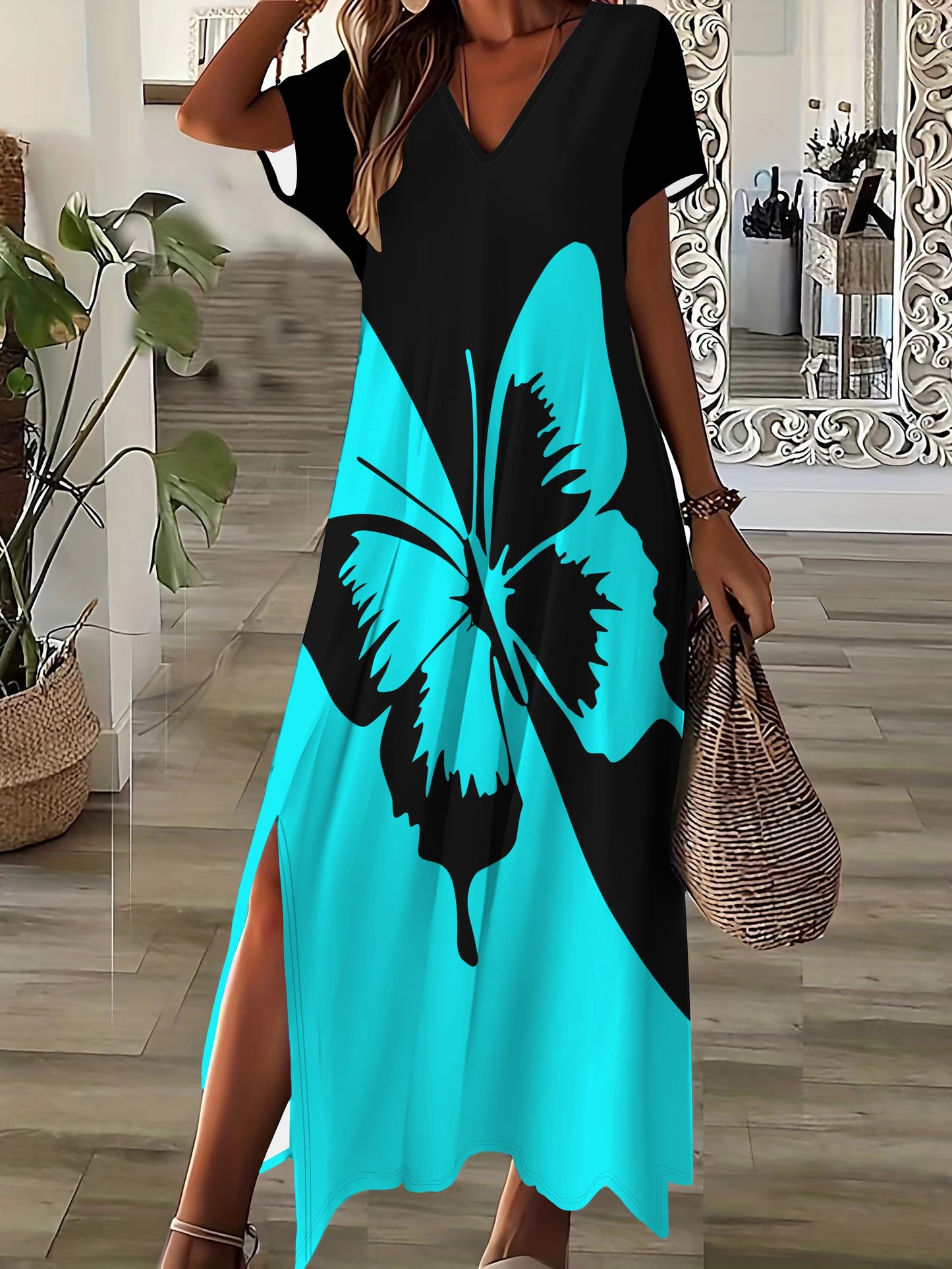 🦋 Butterfly Print Color Block Split Hem Dress