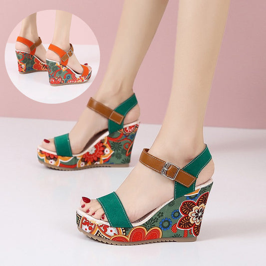 Blossom Lift Embroidered High Wedge Sandals: Fashionable Platform Buckle Shoes