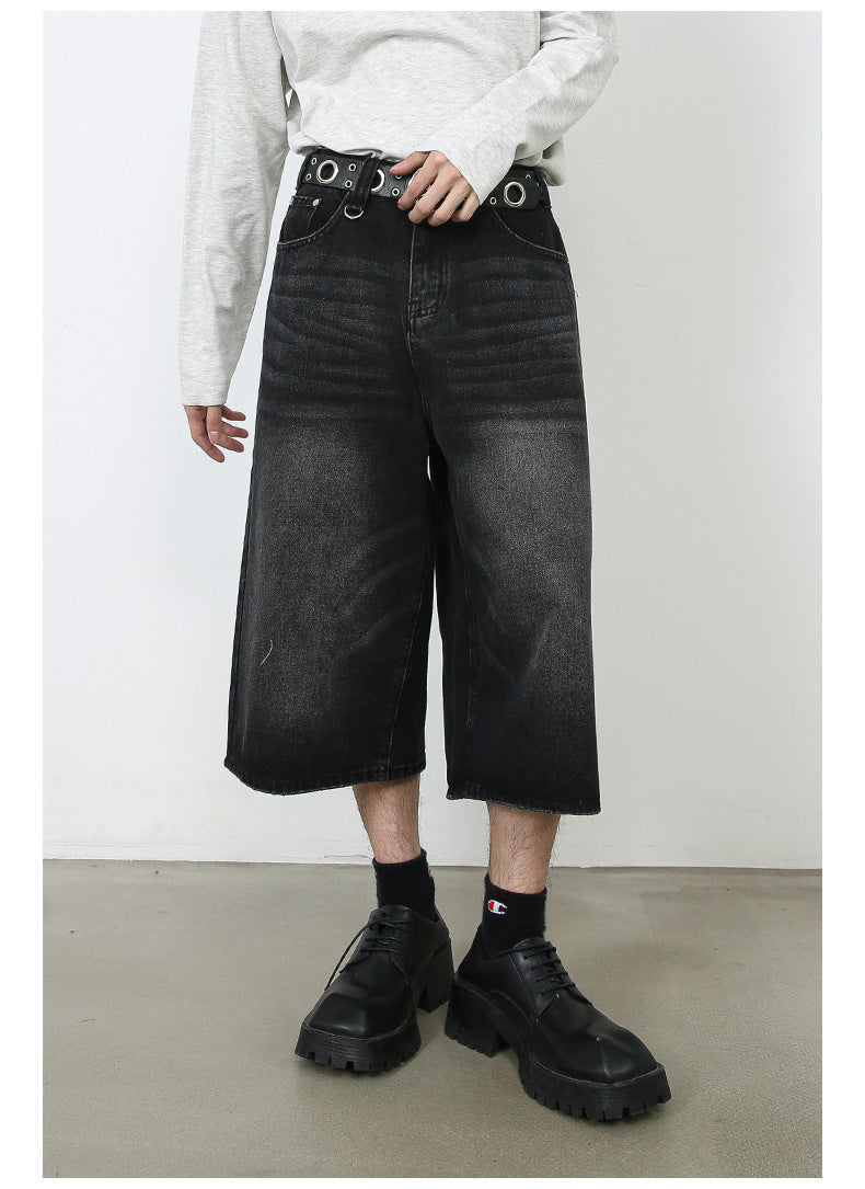 American Black Gray Loose Trousers Loose Denim Cropped Pants