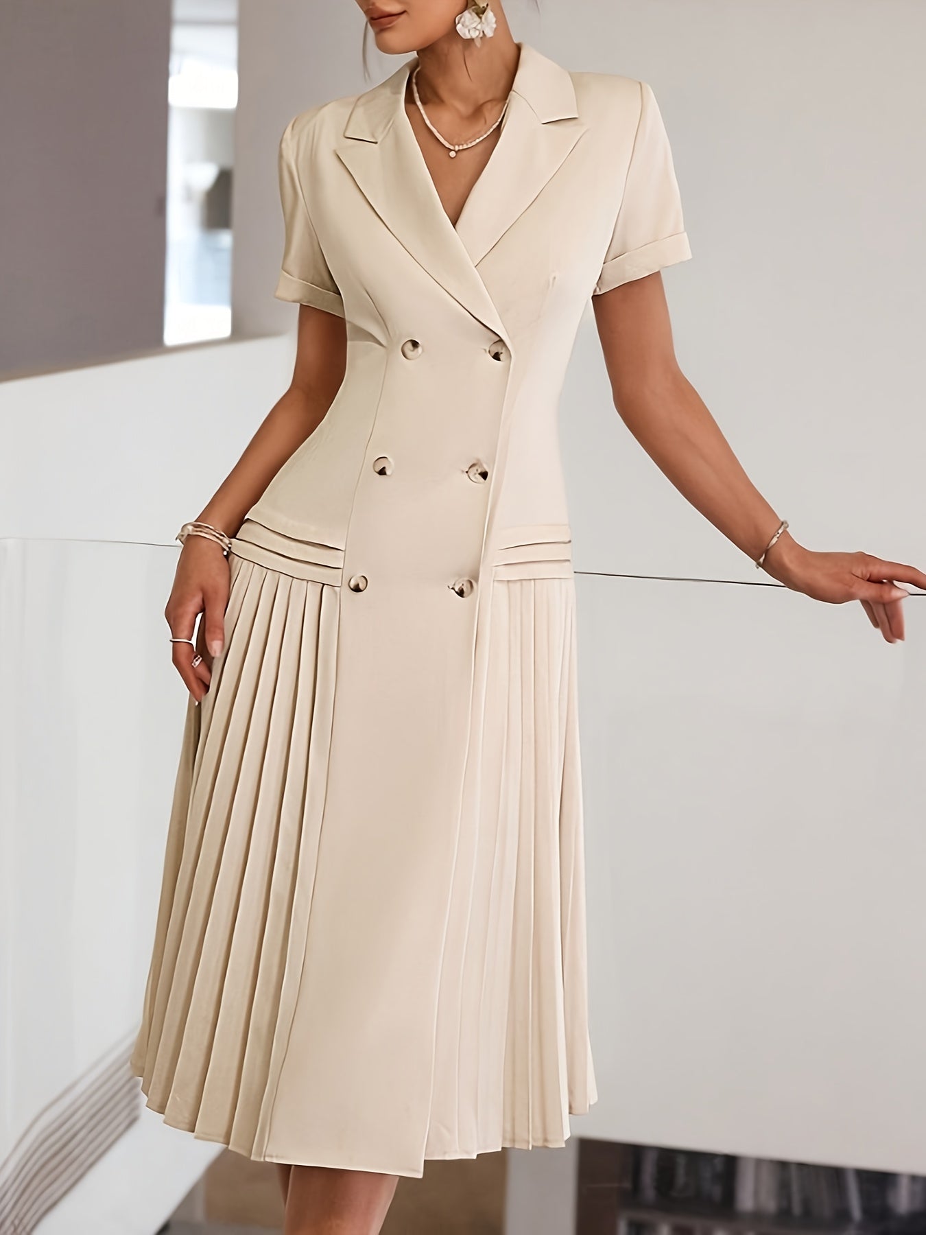 ✨ Chic Double-Breasted Pleated Lapel Dress